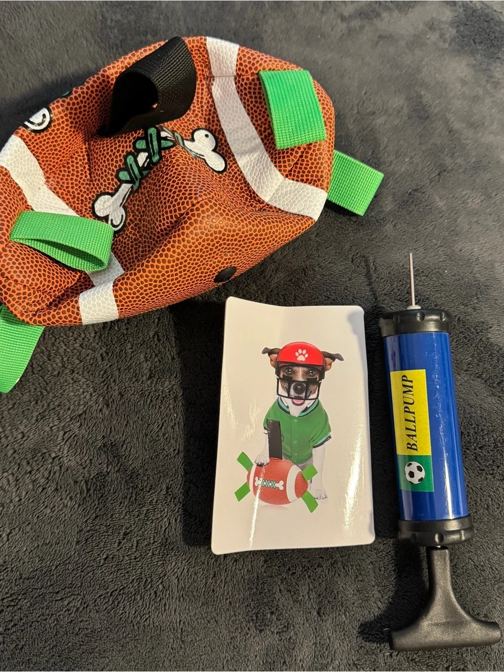 Dog Football Toy with Grab Straps & Hand Pump Inflatable Tug Fetch Ball Orange